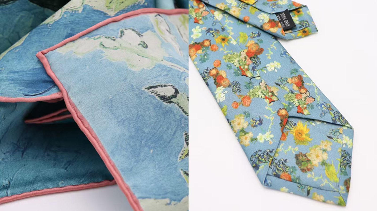 Close-up of a hand-rolled hem on a silk scarf versus the detailed stitching on a tie