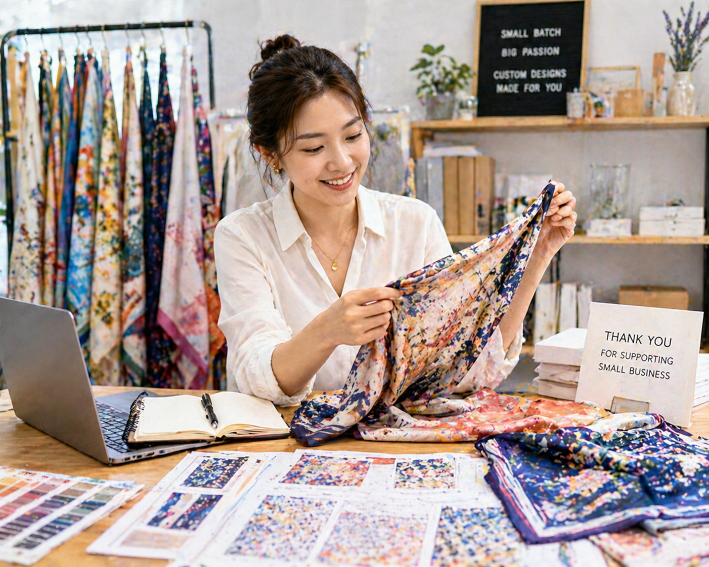 A small business owner happily reviewing a small batch of custom-designed scarves