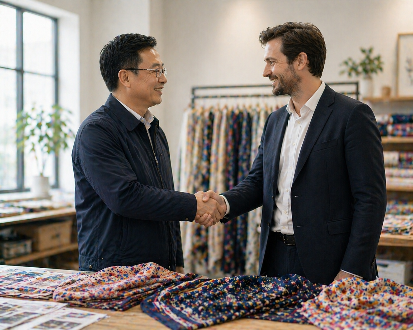 Two business professionals shaking hands in a factory setting, signaling a strong partnership